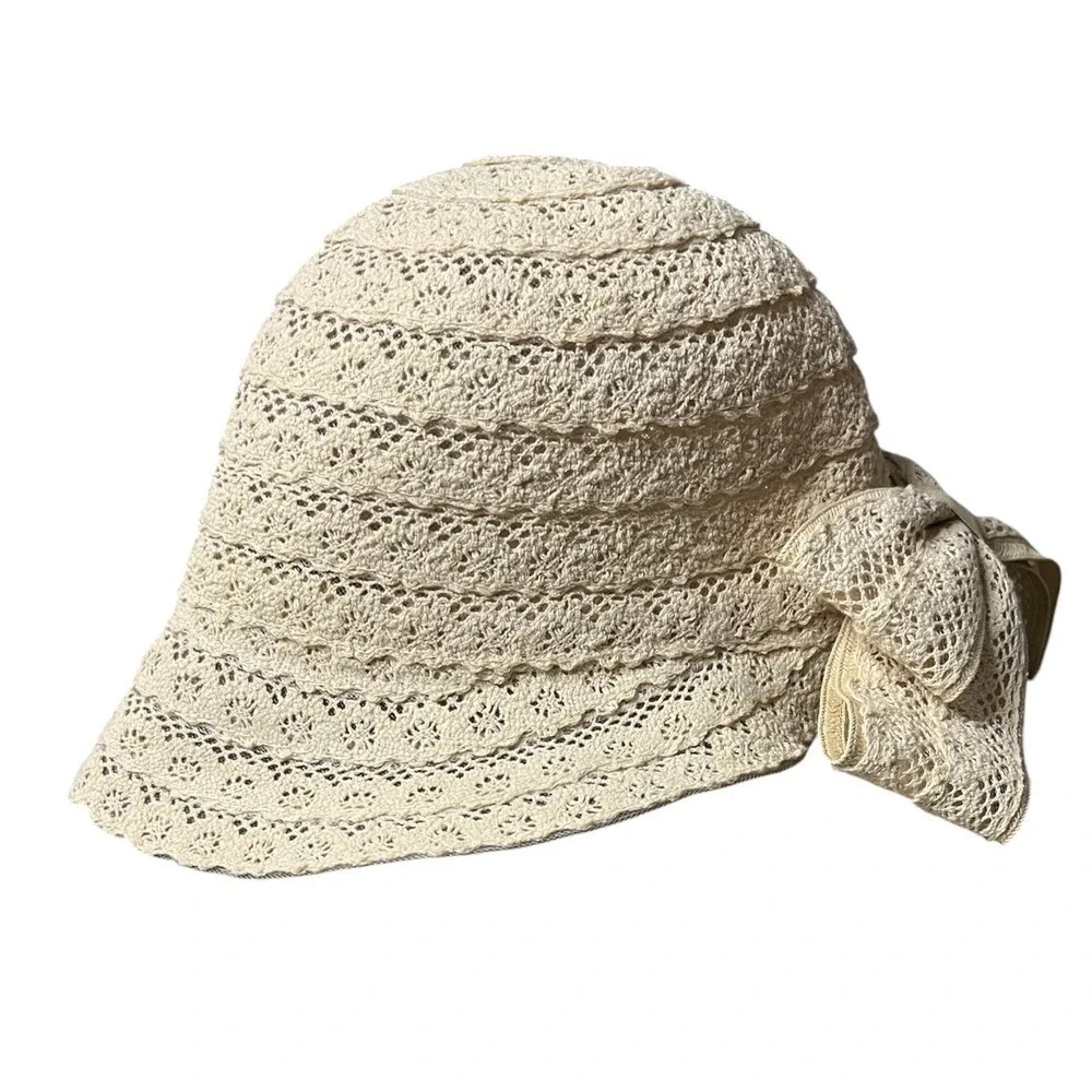 Jane & Berry Cream Crochet Cloche Hat with Back Bow Accent One Size